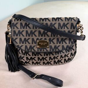 Michael Kors MK Logo Canvas Flap Crossbody Bag Black Tan Tassel Gold Hardware
